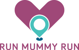 A purple heart shape is above a map pin icon with a teal outer ring and white center. Below it, the text reads RUN MUMMY RUN in purple capital letters.