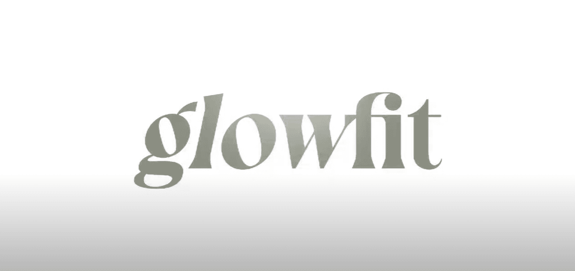 The image shows the word glowfit in lowercase letters with a gray serif font on a white background.